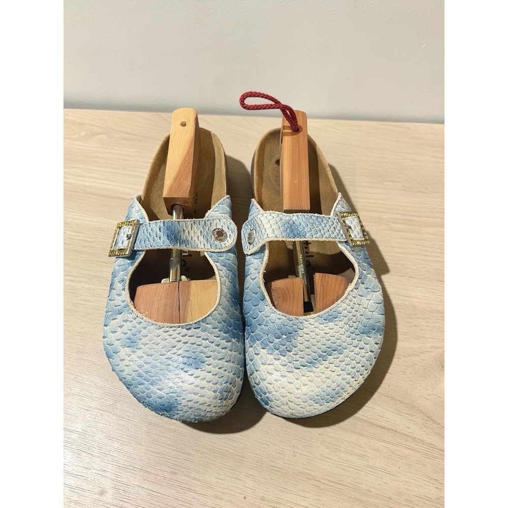 Betula By Birkenstock blue snakeskin pattern and a distinctive jeweled buckle 40